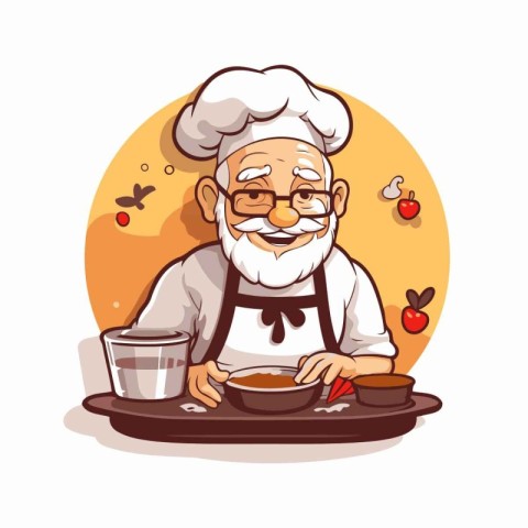 Vector illustration of an old chef with a cup of coffee in his h