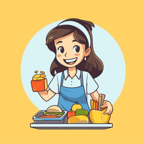 Cute girl with healthy food. Vector illustration in cartoon styl