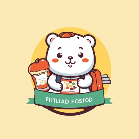 Cute polar bear with a backpack and a cup of coffee. Vector illu