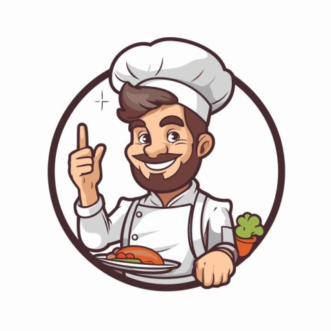 Chef holding a plate of food in his hand. Vector illustration.