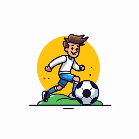 Soccer player kicking the ball. Flat style vector illustration o