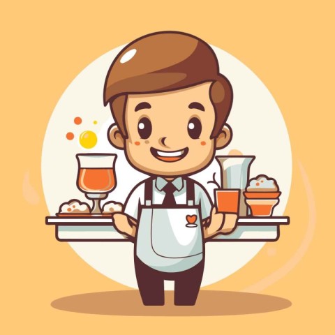 Cafe waiter with food. Cute cartoon character vector illustratio