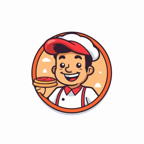 Chef holding pizza. Vector illustration in cartoon style on whit