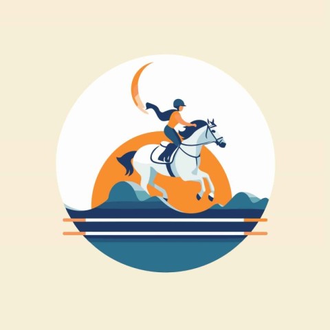 Horse riding round icon with rider and crescent moon vector illu