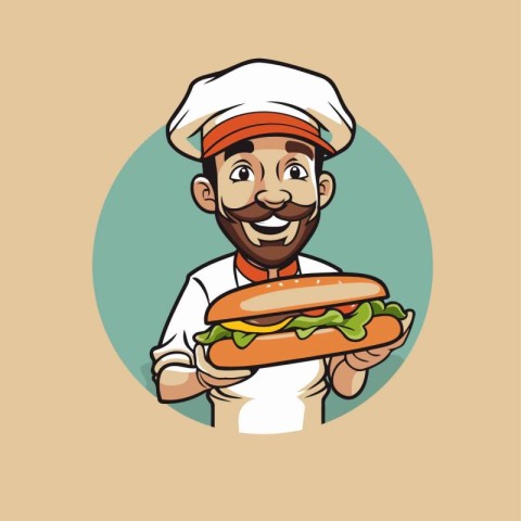 Chef holding a hamburger. Vector illustration in cartoon style.