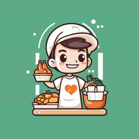 Cute cartoon boy holding fresh vegetables and fruits. Vector ill