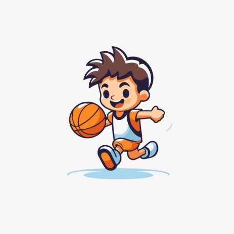 Cute cartoon boy playing basketball. Vector illustration on whit