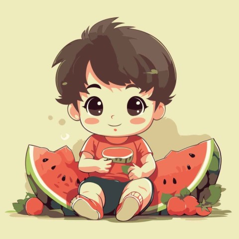 Cute little boy sitting and eating watermelon. Vector illustrati