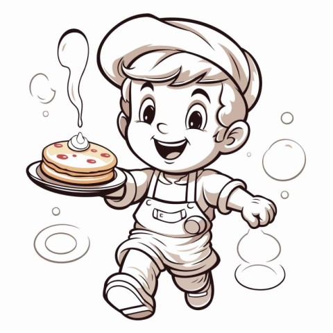 Cartoon boy in chef uniform with a pancake. Vector illustration.