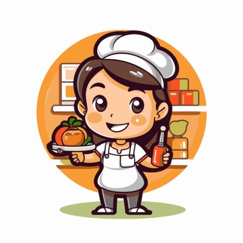 Cartoon chef girl character with food in the kitchen vector illu