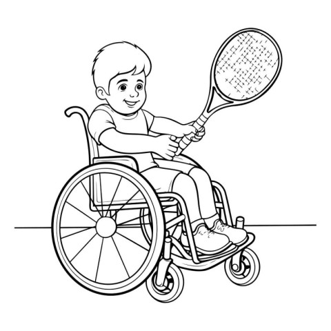 Boy in a wheelchair playing tennis. Coloring book for children.