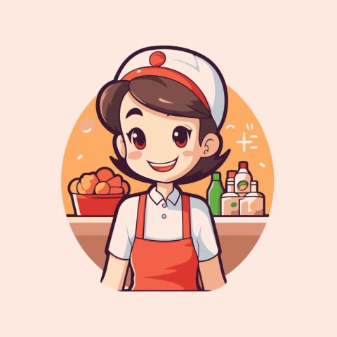 Cute cartoon girl in apron and chef hat. Vector illustration.