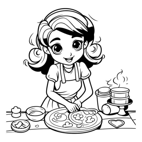 Cute girl cooking pizza. black and white vector illustration for