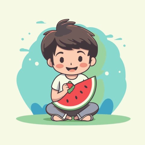 cute little boy eating watermelon. Vector illustration in cartoo