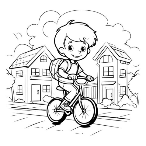 Boy riding bicycle in the city. black and white vector illustrat