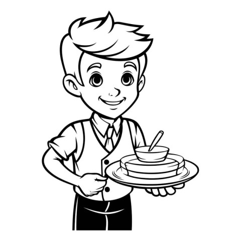 Cute boy holding a plate with pancakes. Vector cartoon illustrat