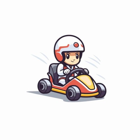 Cartoon boy driving a race car. Vector illustration on white bac