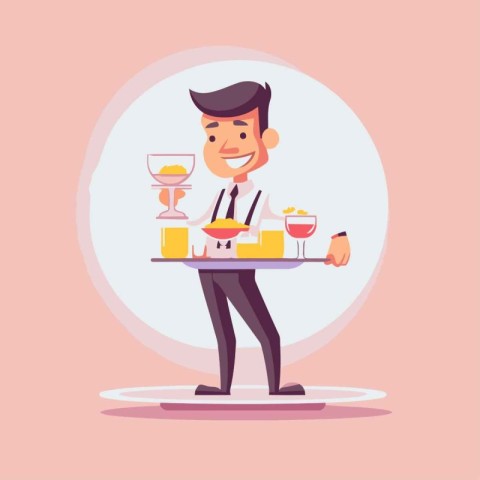 Waiter serving food. Vector illustration in flat cartoon style.