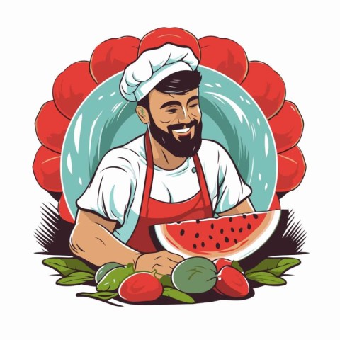 Vector illustration of a male chef with a watermelon in his hand