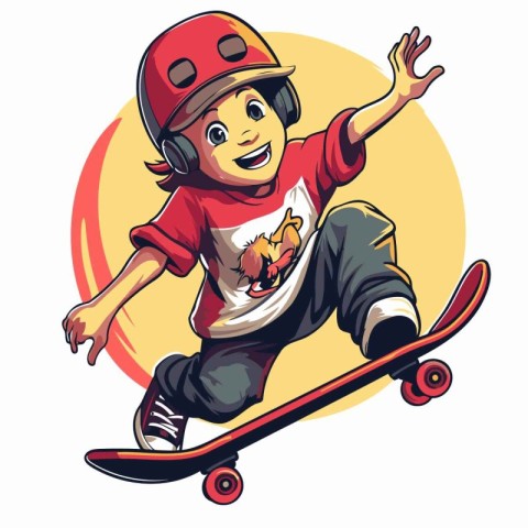 Boy skateboarder in helmet riding a skateboard. Vector illustrat