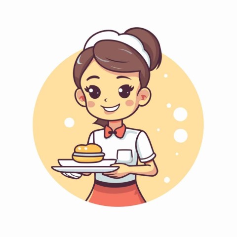 Cute cartoon waitress holding a tray with cake. Vector illustrat