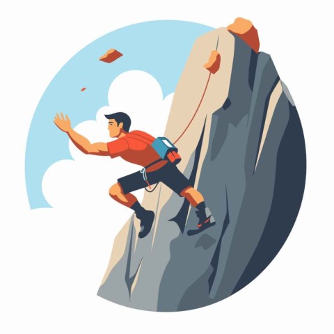 Climber climbs on a cliff. Flat design vector illustration.