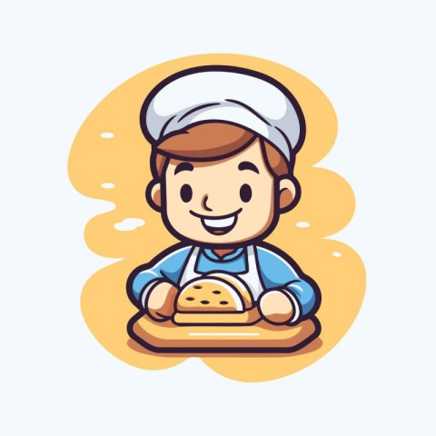 Cute boy chef with bread. Vector illustration. Cartoon style.