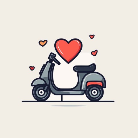 Cute scooter with heart. Vector illustration in flat linear styl