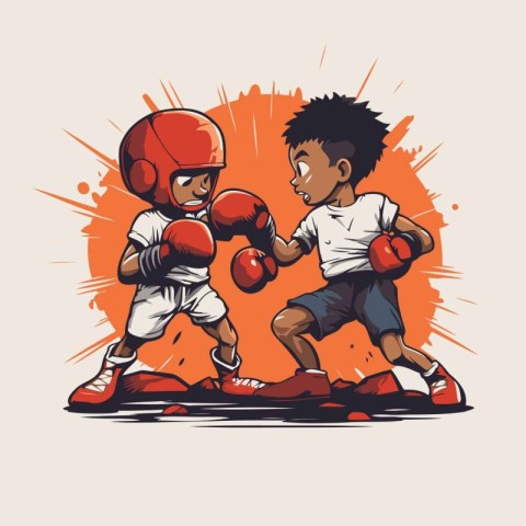 African american boy boxing with helmet and gloves. Vector illus