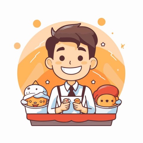 Cute cartoon boy eating sushi in the restaurant. Vector illustra