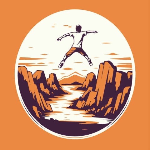 Man jumping from cliff into the sea. Vector illustration in retr