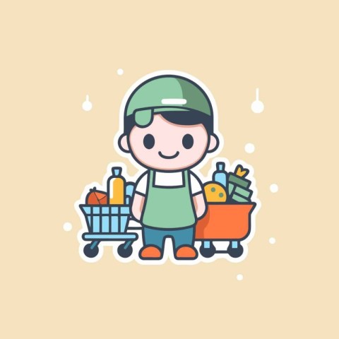 Cute boy with shopping cart and food. Vector illustration in fla