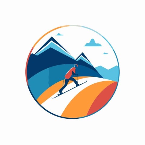 Skier in mountains logo template. Winter sport icon. Vector illu