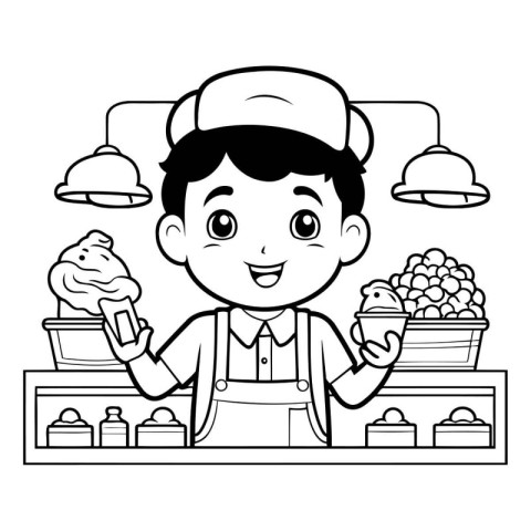 Barista boy with ice cream cartoon in black and white vector ill