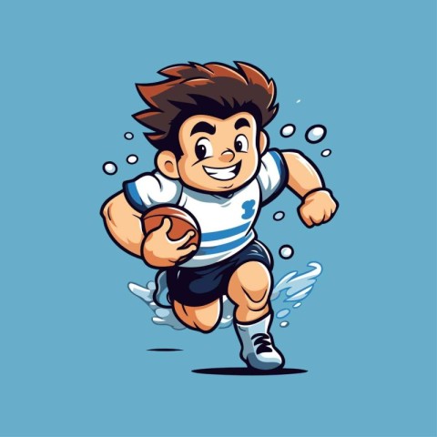 Cartoon rugby player running with ball. Vector illustration isol