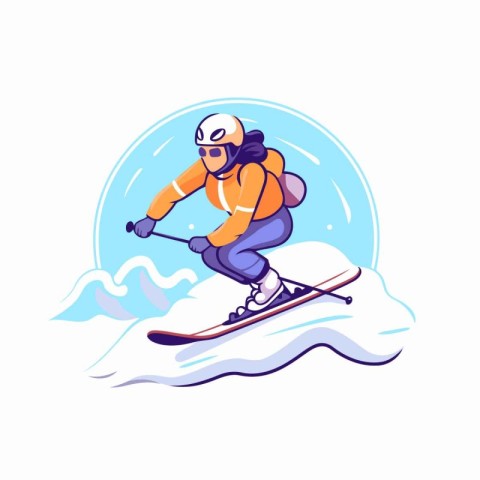 Vector illustration of skier in helmet skiing on snowboard. Wint