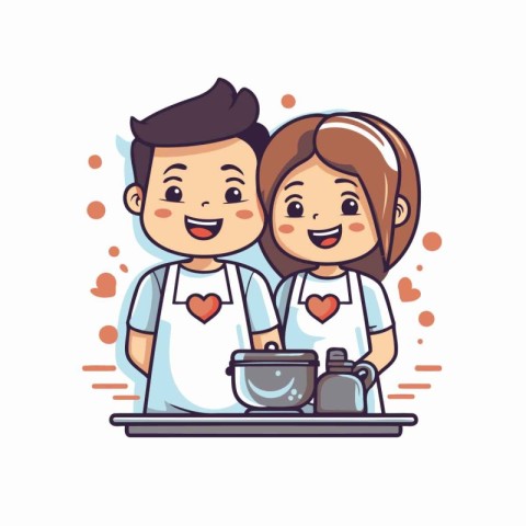 Cute couple cooking together in kitchen. Vector illustration in