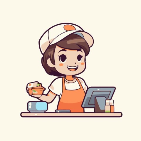 Cute cartoon chef girl with a bowl of salad. Vector illustration