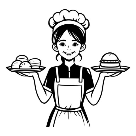 young woman chef with plate and hamburger cartoon vector illustr