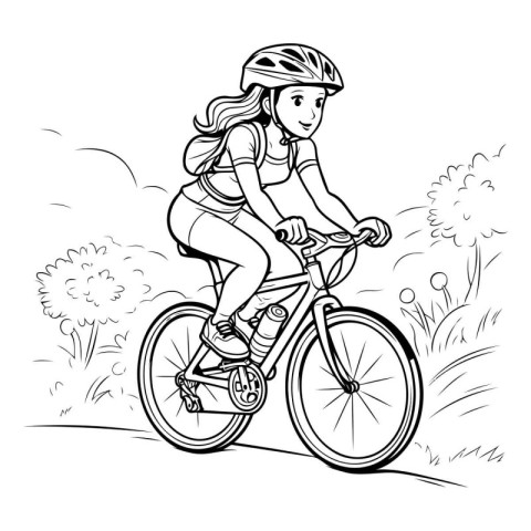 Outline of a girl riding a bicycle in the park. Vector illustrat