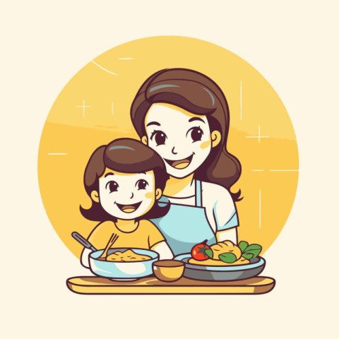 Mother and daughter eating together. Vector illustration in a fl