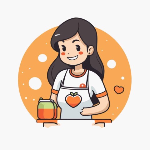 Cute girl with apple and juice. Vector illustration in cartoon s