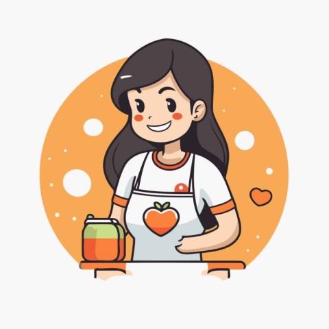 Cute girl with apple and juice. Vector illustration in cartoon s