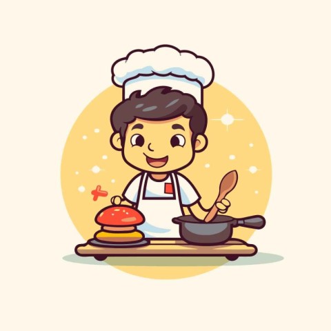 Cute boy chef cooking in the kitchen. Vector cartoon illustratio