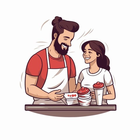 Father and daughter making cupcakes. Vector illustration in cart