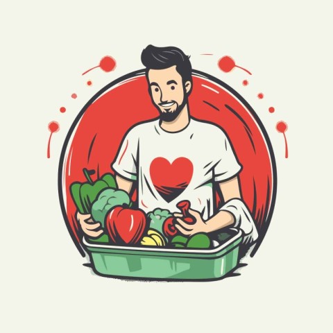 Vector illustration of a man holding a basket full of fresh vege