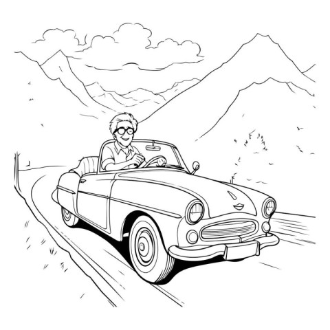 Old man driving a convertible car in the mountains. Vector illus