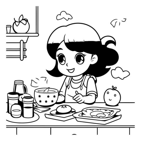 Cute little girl in the kitchen. Black and white vector illustra