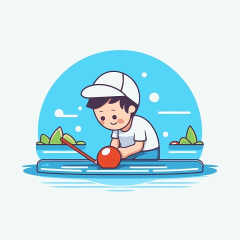 Cute little boy playing bowling in the park. Vector illustration