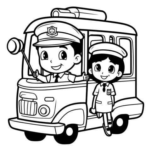 Black and white illustration of a boy and girl driving a school